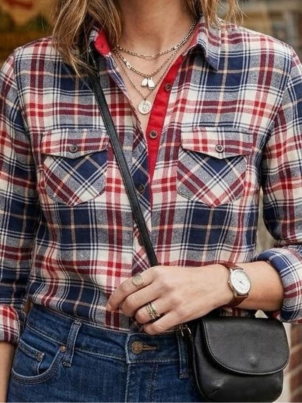 Bella D. Red, Navy, and White Plaid Button-Down Shirt